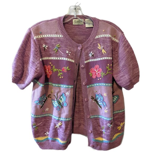 Vintage 90s Tabi Purple Cardigan Embroidered Butterfly Flower Grandmacore Knit M - Picture 9 of 10